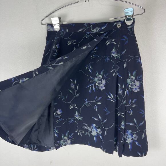 90s Petite Sophisticate Navy Dark Floral Faux Wrap Mini Skirt Silk Women's 6 - Picture 5 of 8